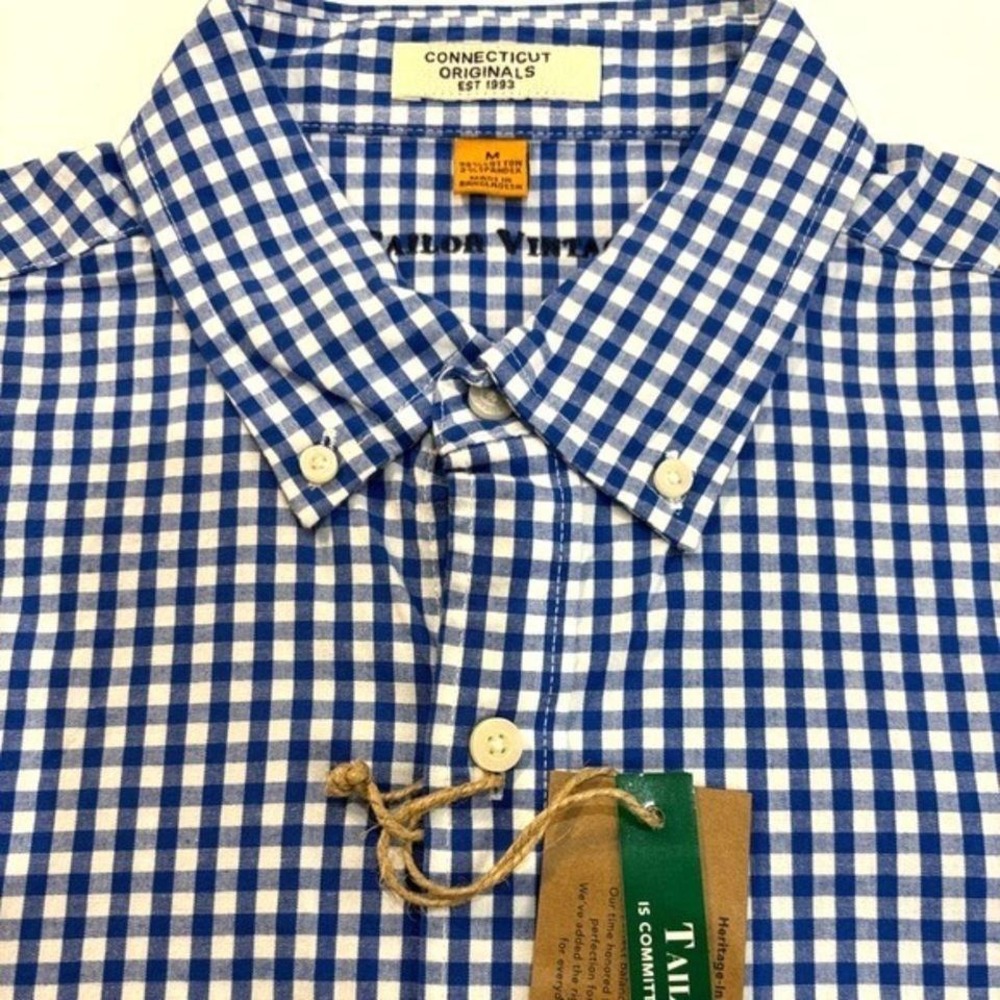 Mens Tailor Vintage Navy & White Gingham Long-Sleeve Button-Down Shirt Size L